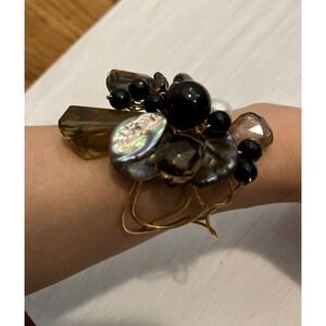Tonobi Cuff Bracelet Designer Onyx Fox Tail Amethyst & Freshwater Pearl Natural